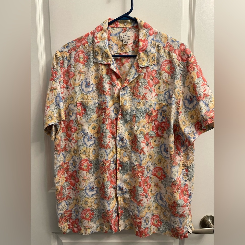 J. Crew Red and Blue Button Down Shirt Floral Design - Large